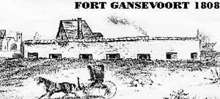 An illustration of an old fort with a horse and carriage in the front. Text says "Fort Ganesvoort, 1808".