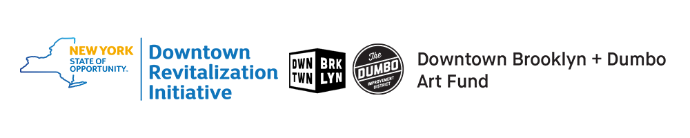 A row of logos including: New York State Downtown Revitalization Initiative, Downtown Brooklyn, Dumbo Improvement District, and the Downtown Brooklyn & Dumbo Art Fund
