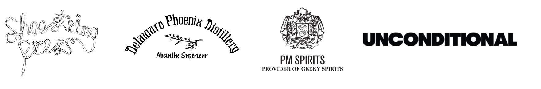 Logos of Shoestring Press, Delaware Phoenix Distillery, PM Spirits, and Unconditional Studio.